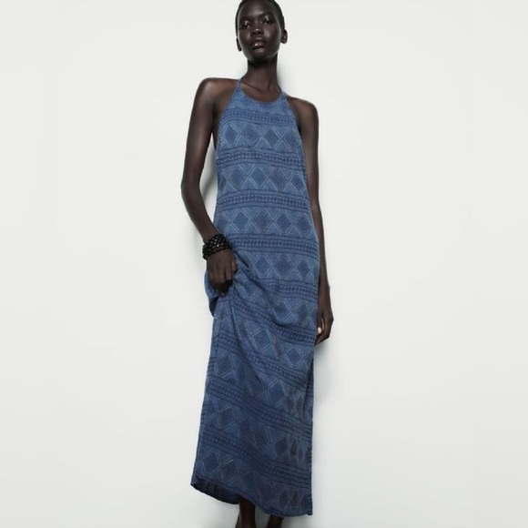 Zara Dresses & Skirts - ZARA BEADED HALTER NECK LINEN BLEND DRESS SMALL INDIGO BOHEMIAN TEXTURED SUMMER
